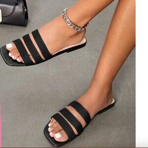 Square Toe Black Strap Slide Sandals